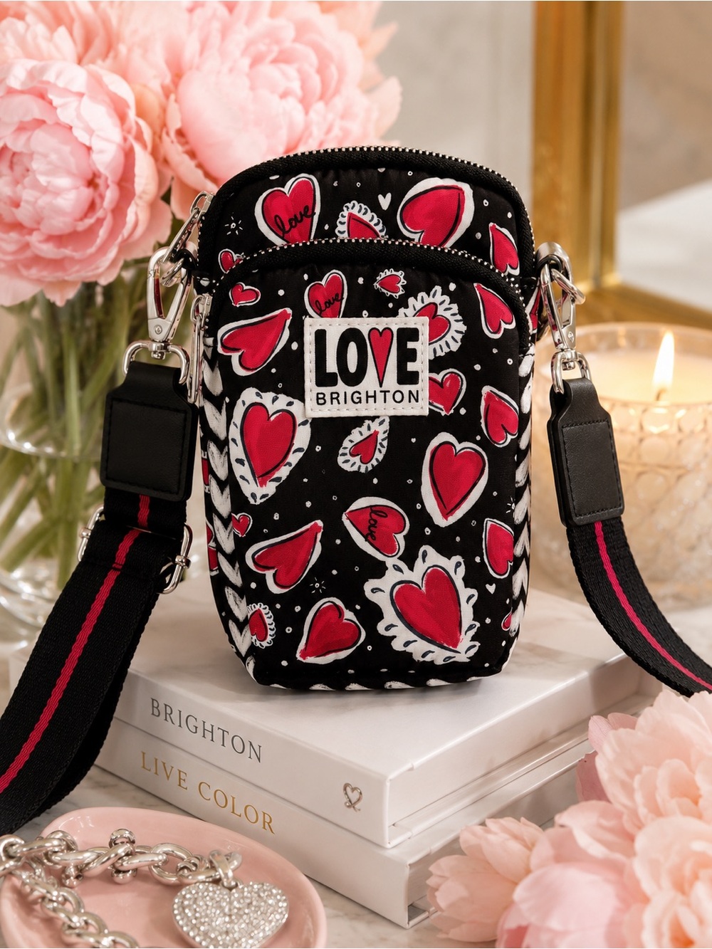 NWOT Brighton Love Crossbody Phone Bag Hearts Black Y2K Mini Travel Purse Boho